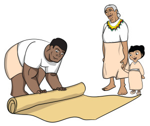 Illustration showing a person unrolling a woven mat, with an older person and child looking on.