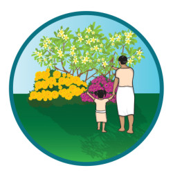 Circular illustration framed by a teal-coloured border, within which is a pair of people standing on grass, one adult, one a child, facing away from us and looking at a tree covered in yellow flowers and other flowering yellow and pink bushes.