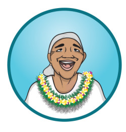 Circular illustration framed by a teal-coloured border, within which an older person wearing a flower neck garland is laughing against a blue background.