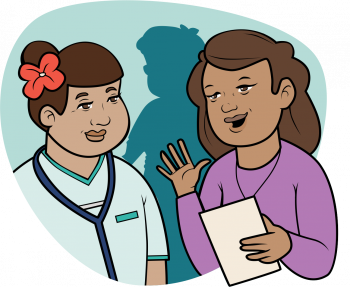 A cartoon of a nurse and a consumer talking