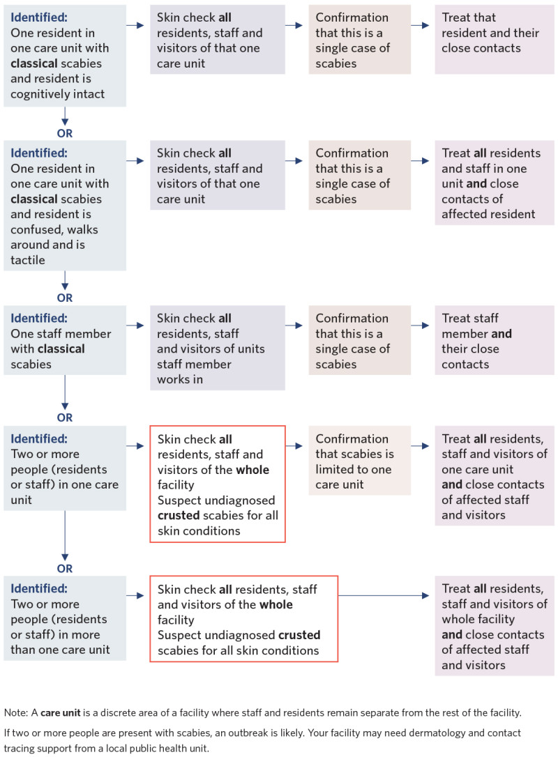 Decision support flow diagram for deciding on the extent of treatment of scabies. 
