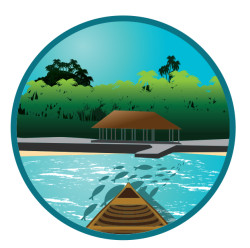 Circular illustration framed by a teal-coloured border, within which is a coastal scene. The front part of a canoe is at the bottom surrounded by small fish and the sea, eading to a strip of sand with a boardwalk and a small house and trees behind.