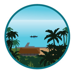 Circular illustration framed by a teal-coloured border, within which is a coastal scene with sea and a small canoe in the background and the back of a house, trees sand and a boardwalk in the foreground. 
