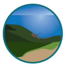 Circular illustration framed by a teal-coloured border, within which is the sea in the background and then rolling hills, with a small house in the distance and sand in the foreground.