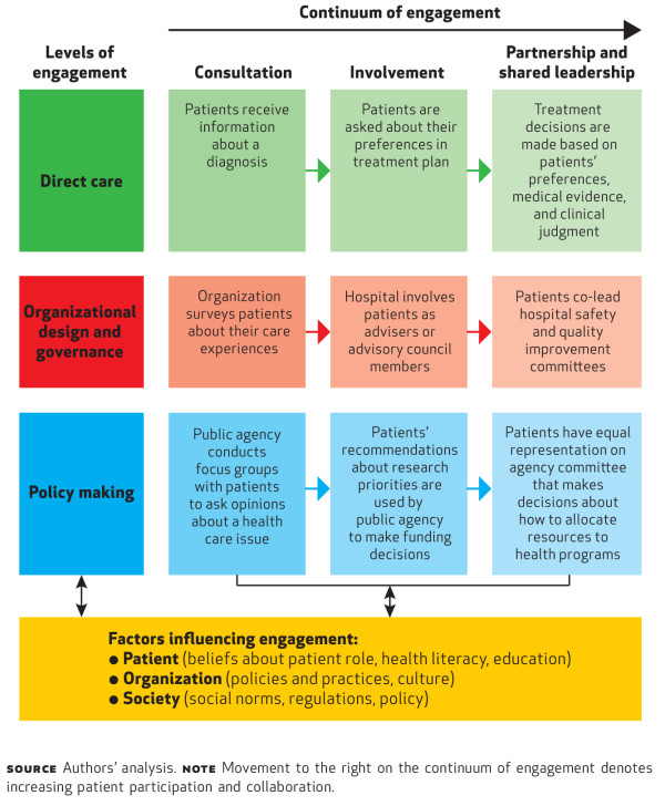 A flow chart outlining the Carman model of engagement. The flow chart is organised around three levels of engagement: direct care, organisational design and governance and policy making. 