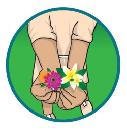 Circular illustration framed by a teal-coloured border, within which is a person’s arms, which are stretching towards us holding out flowers in their fingers.