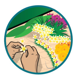 Circular illustration framed by a teal-coloured border, within which a pair of hands are holding a single yellow flower. Next to the hands are an array of colourful flowers and a partially completed neck garland.