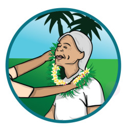 Circular illustration framed by a teal-coloured border, within which is an older person being presented with a flower neck garland. Palm trees are in the background, with the sea behind and grass. A pair of arms are holding out the garland around the person’s neck.