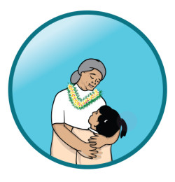 Circular illustration framed by a teal-coloured border, within which an older person wearing a flower neck garland is embracing a child agains a blue background.