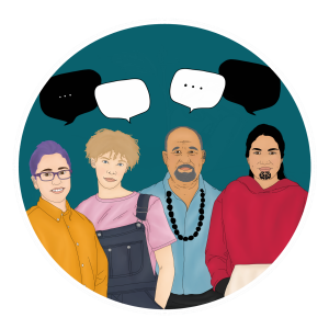 A graphic image of four people with black and white speech bubbles above their heads.