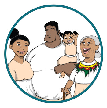 Circular illustration framed by a teal-coloured border, within which are four smiling people, including two adults one older person and a child, who is held by one of the adults.  