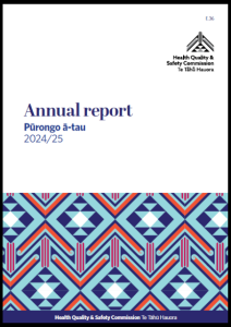 Cover of Annual report. Top two thirds of report have a white background and the bottom has a blue and red tesselated pattern made up of the tohu from the  Health Quality &amp;amp;amp;amp;amp;amp;amp;amp;amp;amp;amp;amp;amp;amp;amp;amp; Safety Commission Te Tāhū Hauora logo