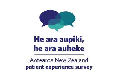 Aotearoa New Zealand patient experience survey logo, which comprises three speech bubbles in shades of blue sitting above blue writing that says ‘He ara aupiki, he ara auheke’ and underneath in smaller blue writing, ‘Aotearoa New Zealand patient experience survey’
