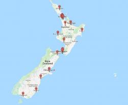 An image of New Zealand with the major cities and towns highlighted with location markers