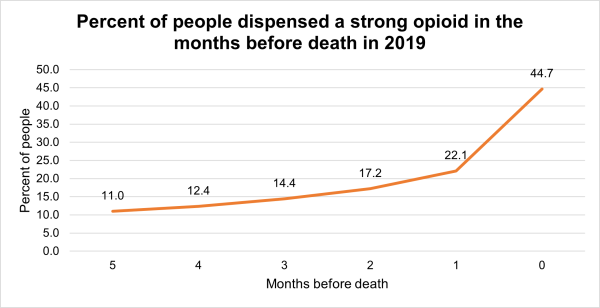 An image of a line graph titled 'Percent of people dispensed a strong opioid in the months before death in 2019'. The x axis is percent of people and the y axis is months before death.