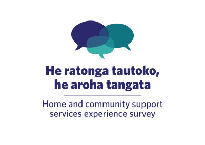 Home and community support services experience survey logo, which comprises three speech bubbles in shades of blue sitting above blue writing that says ‘He ratonga tautokoi, he aroha tangata’ and underneath in smaller blue writing, ‘Home and community support services experience survey’