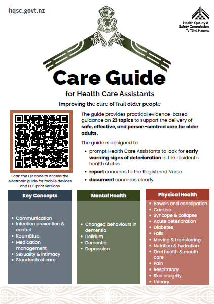 The poster has the Care Guide tohu at the top, there are some key points about the guides and their contents as well as a QR code to access the guides on the website