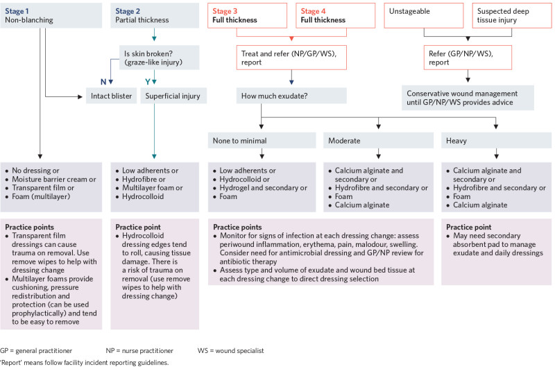 Decision support flow diagram to support the management of pressure injuries. 