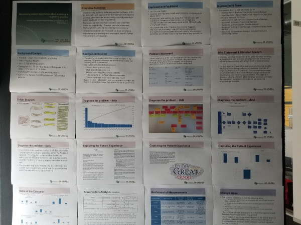 An image of a wall of a4 papers pinned up. They are all printed slides from a presentation titled 'Maximising patient experience when enrolling in a general practice'