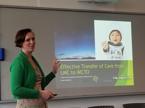 An image of Jessica Sandbrook presenting in front of a slide titled 'Effective transfer of care from LMC to WCTO'
