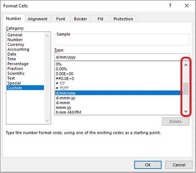 A screen shot of a computer window titled 'Format cells'. It shows the number section with 'custom' highlighted under 'Category'. The date is highlighted under 'Type' and there is a red box around the arrows in the 'type' section, indicating that the user has to use the arrows to navigate through the type selections.. 