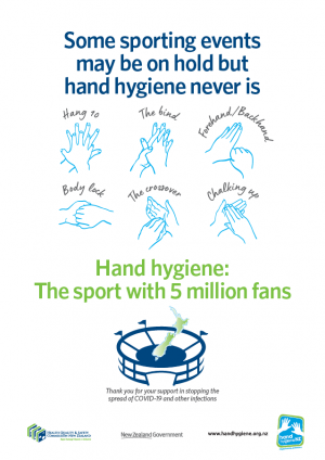 A screen shot of a poster with the words: Some sporting events may be on hold but hand hygiene never is. Below this are drawings of hands in different hand washing positions: Hang 10, The bind, Forehand/Backhand, Body lock, The crossover and Chalking up. Below this are the words: Hand Hygiene: The sport with 5 million fans. At the bottom of the poster is an icon of a sports stadium with an outline of New Zealand.