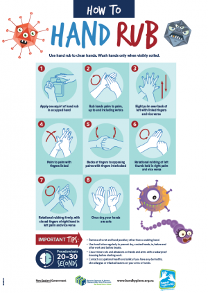 A screen shot of a How to Hand Rub poster with step by step illustrations of how to hand wash as well as several images of illustrated cartoon germs and bacteria.
