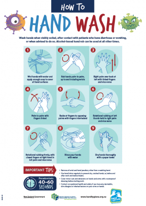 A screen shot of a How to Hand Wash poster with step by step illustrations of how to hand wash as well as several images of illustrated cartoon germs and bacteria.