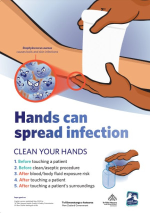 A screen shot of a poster titled 'Hands can spread infection'. It has a drawing of person applying a bandage to another person. There is a magnified area of the arm which contains various cartoon stylised germs. 