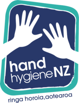 Hand Hygiene NZ logo - a graphic of two white hands against a dark blue box with a teal outline. Below this are the words 'hand hygiene NZ' and the tag line 'ringa horoia, aotearoa'