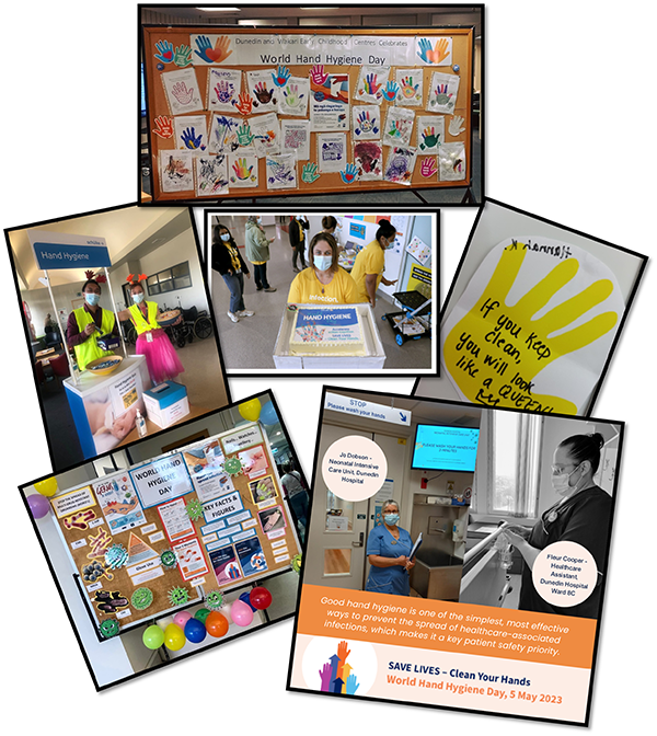 A collage of 6 images showing various hand hygiene activities