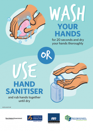 A screenshot of a poster with two graphics. One of hands washing using soap and one of hands using sanitiser. The text on the poster reads: Wash your hands for 20 seconds and dry your hands thoroughly or use hand sanitiser and rub hands together until dry,
