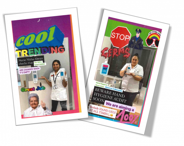 Two posters of ward staff promoting hand hygiene in Wellington hospital