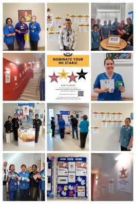 A collage of people in healthcare uniforms taking part in a competition to nominate hand hygiene stars