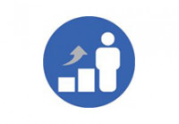An icon of a light blue circle with an icon of a bar graph with the tallest bar being a human icon. Above this is an arrow indicating upwards movement.