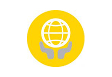 An icon of a yellow circle with a globe icon inside of it and two hands below it, holding it up.