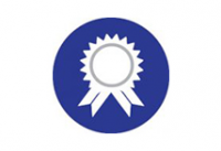 An icon of a dark blue circle with a white ribbon in the centre of it