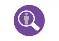 An icon of a purple circle with an icon of a magnifying glass inside of it. Inside the magnifying glass is the icon of a human.