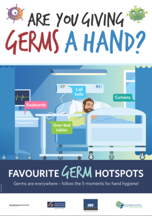 A screen shot of a poster titled 'Favourite germ hotspots?'. It has various germs drawn as cartoon characters.